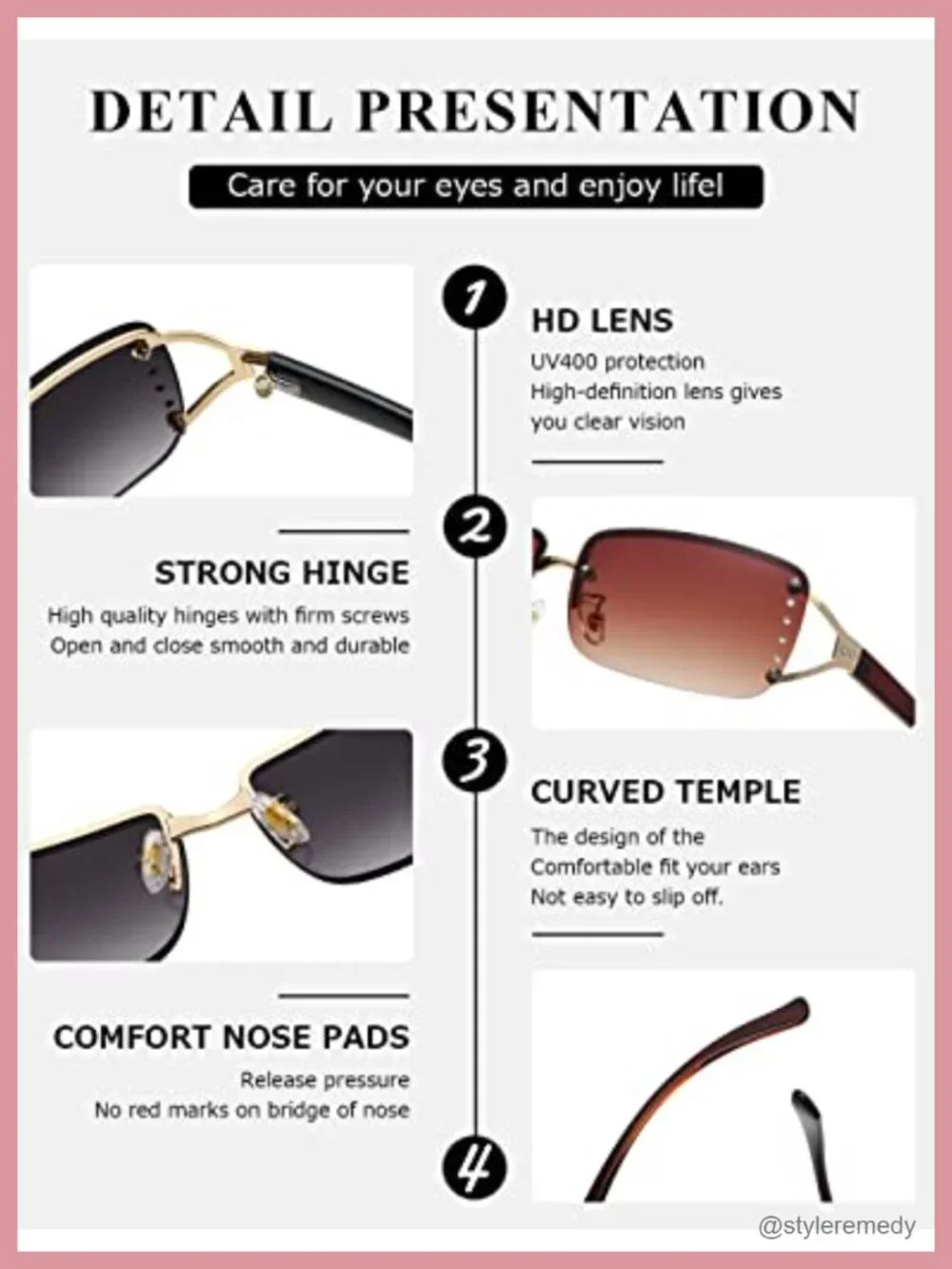 Rectangle Rimless Frameless Sunglasses Metal Frame Retro Square Wrap